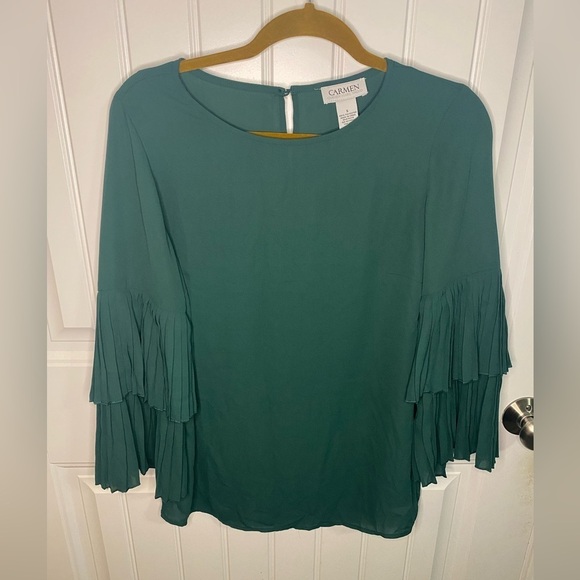 Carmen Marc Valvo Green Fringe Sleeve Blouse - Picture 2 of 6